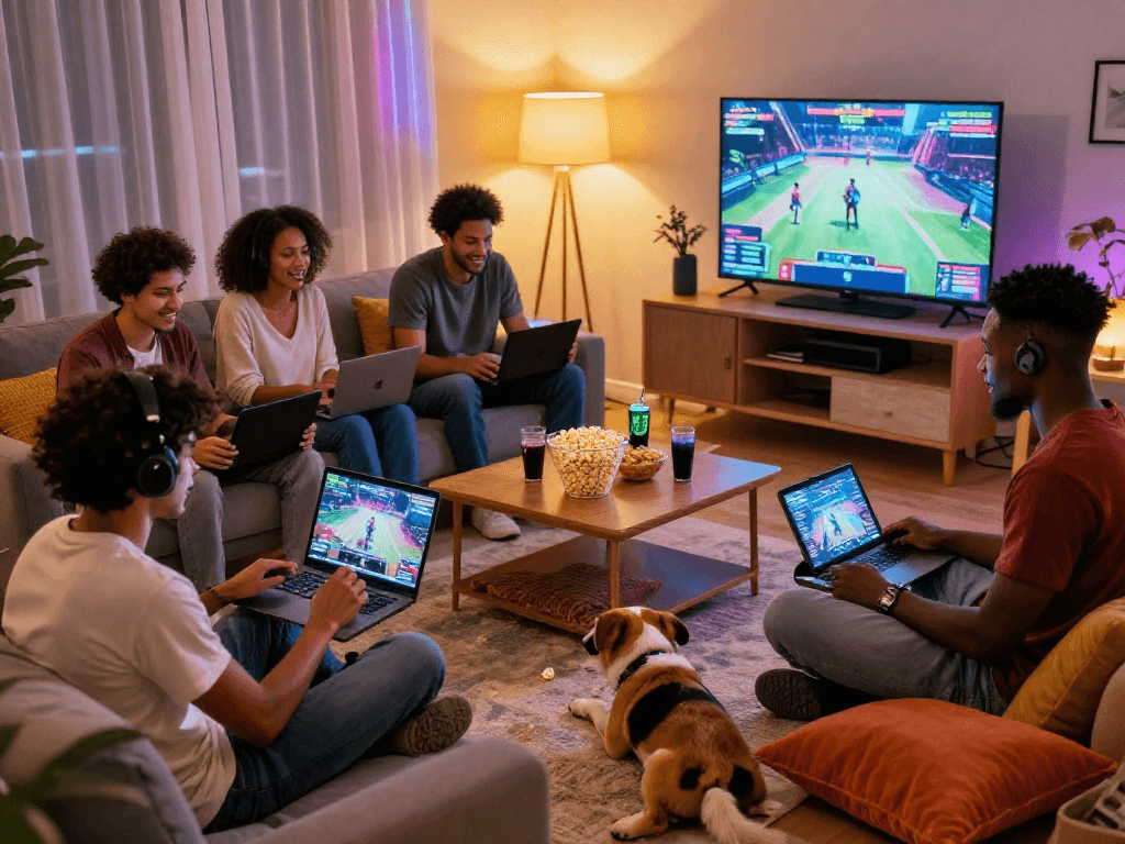 Exciting scene of diverse gamers enjoying porno games in a cozy living room.