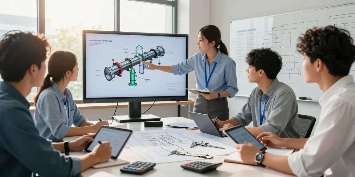 Engineers collaborating on industrial engineering consultancy solutions in North America, discussing technical designs and 3D models.
