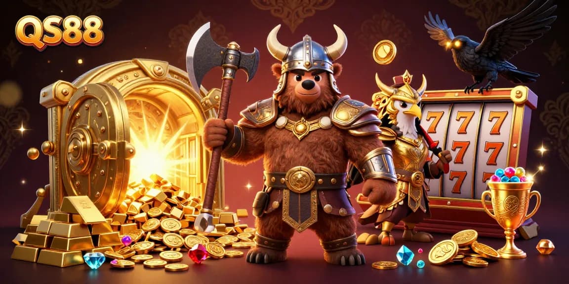 Experience the excitement of QS88 with a dynamic 3D illustration featuring gamblers surrounded by treasure and jackpot elements.