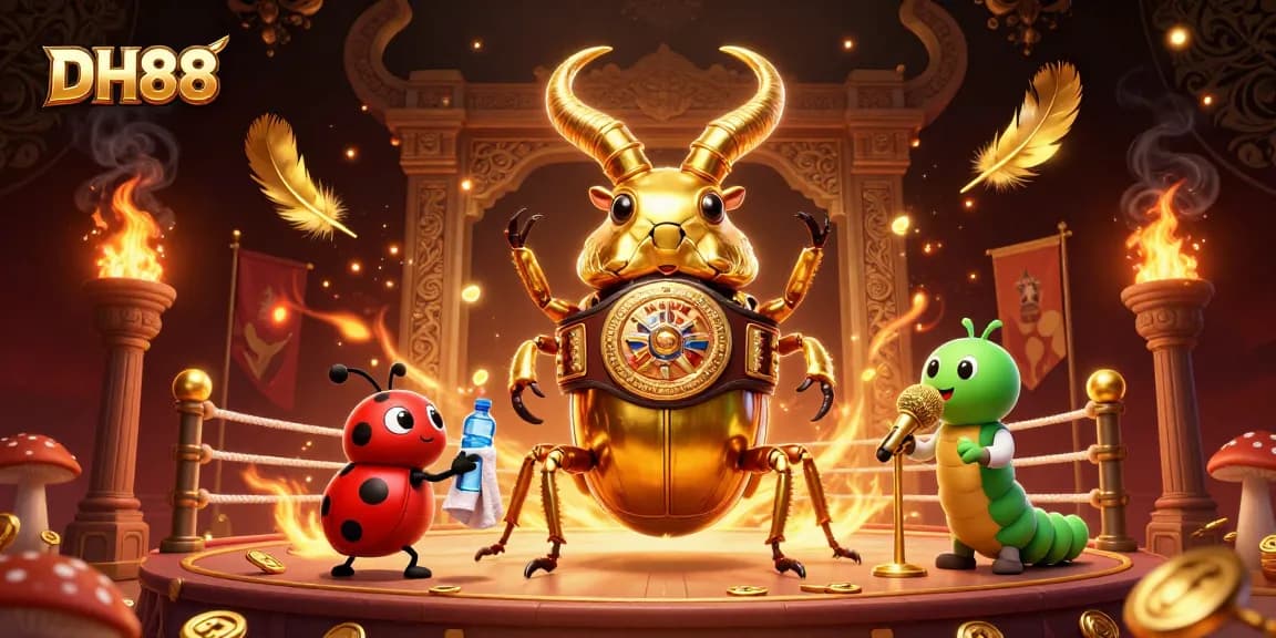 DH88 offers a thrilling gambling experience with a dynamic 3D illustration featuring a golden stag beetle and exciting action elements.