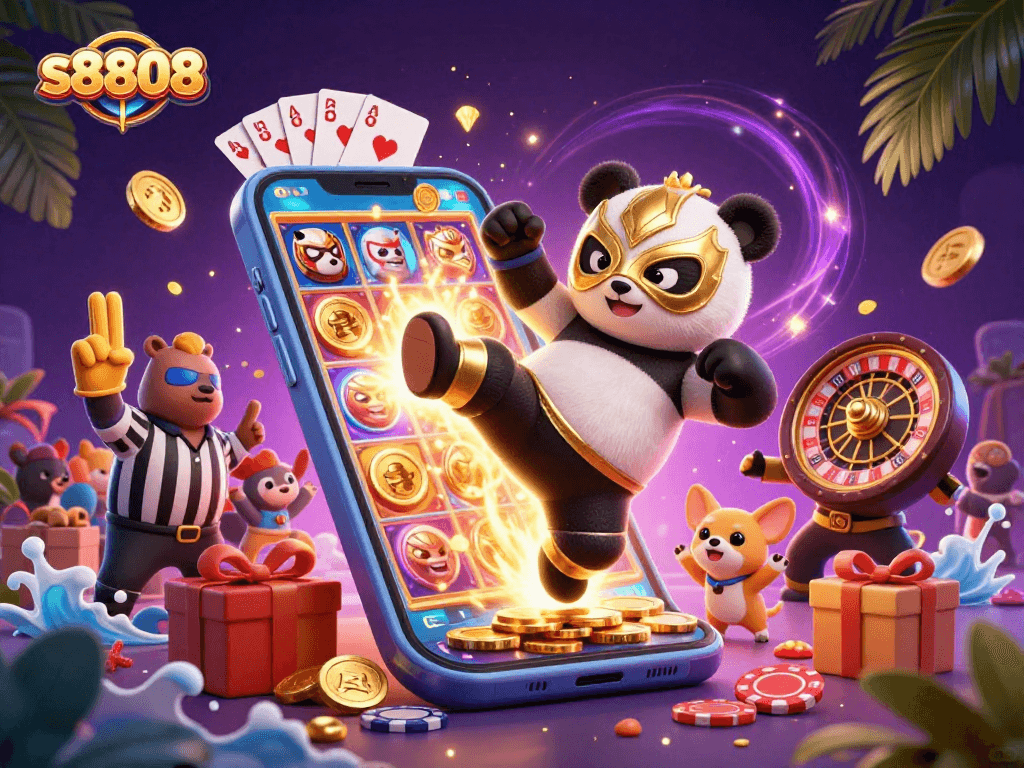 Engage with s8808 as panda wrestler kicks while coins and slot games surround an animated scene.