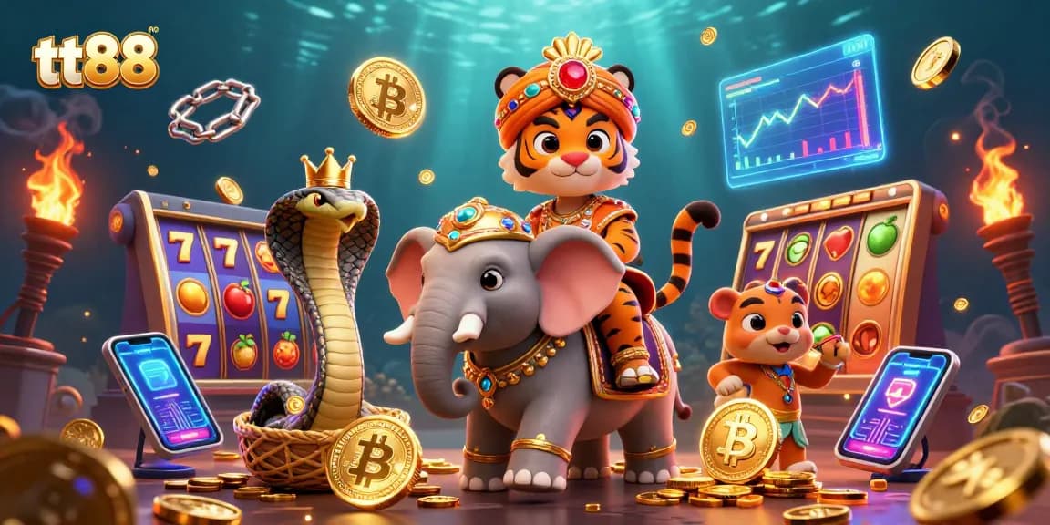 Experience the excitement of tt88 with a vibrant 3D casino scene featuring a jewel-encrusted elephant and crypto elements.