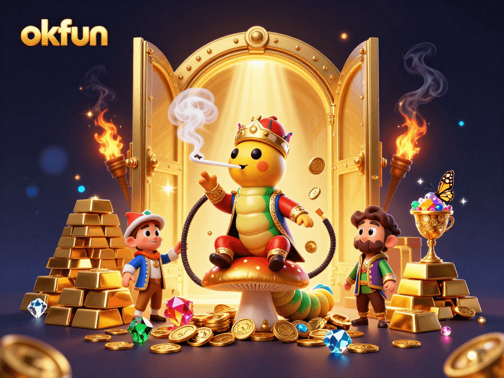 okfun features a vibrant 3D casino illustration with a caterpillar master and poker symbols