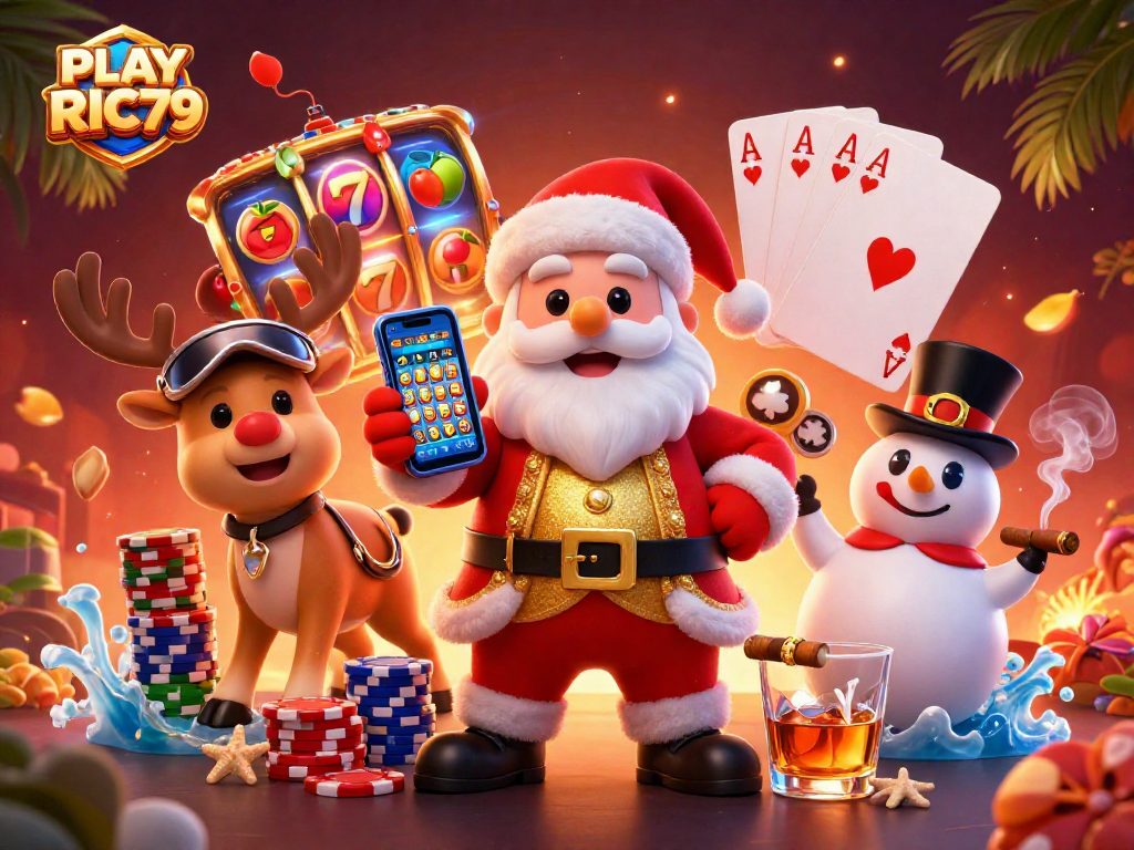 Experience the thrill of PLAY RIC79 with Santa, poker chips, and festive casino elements.