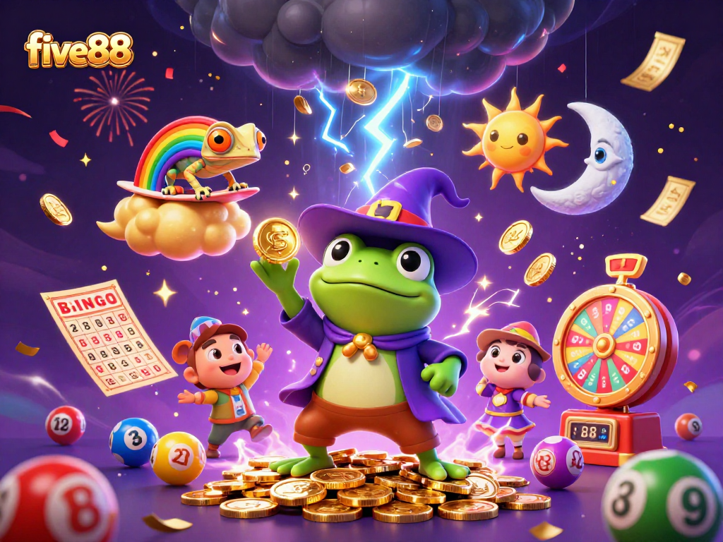 Experience the excitement of five88 as magical characters create a coin storm in a vibrant casino scene.