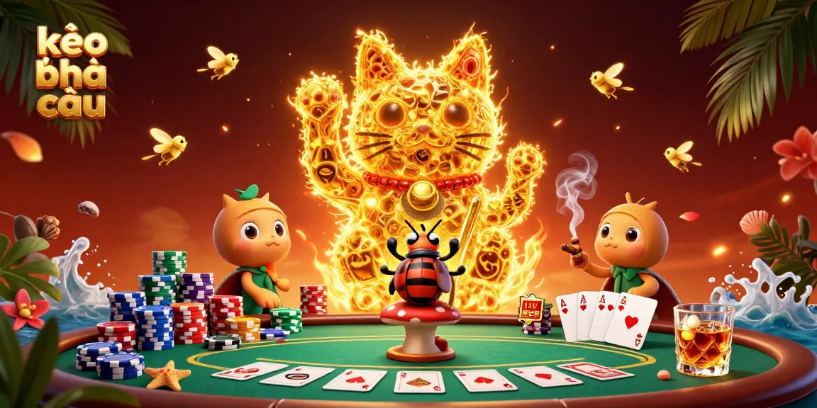 Engage with kèo nhà cái as golden fireflies create lucky symbols at a vibrant poker scene.