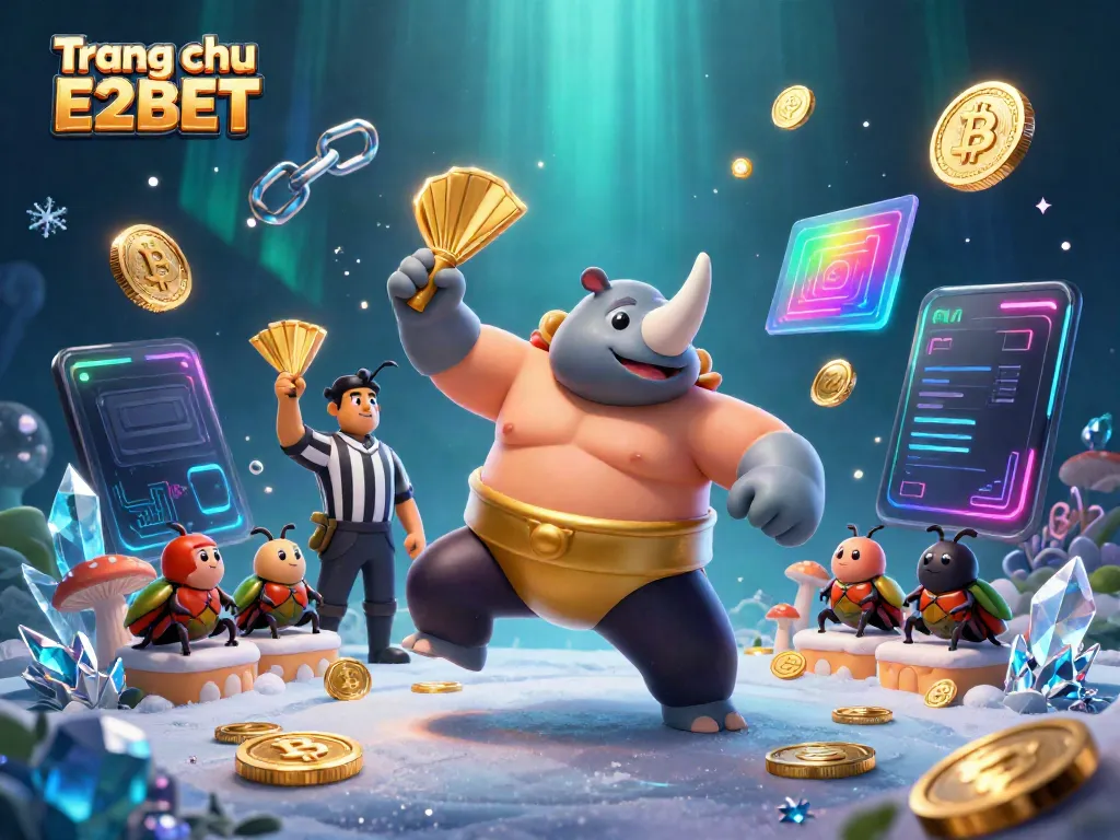 Experience excitement at Trang chu E2BET with neon crypto coins and a thrilling beetle sumo match!