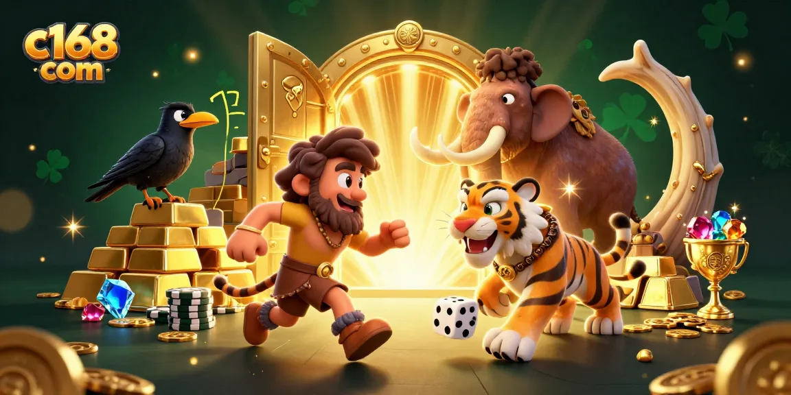 Engage in thrilling gameplay at c168 com with a cartoon casino featuring caveman and tiger characters.