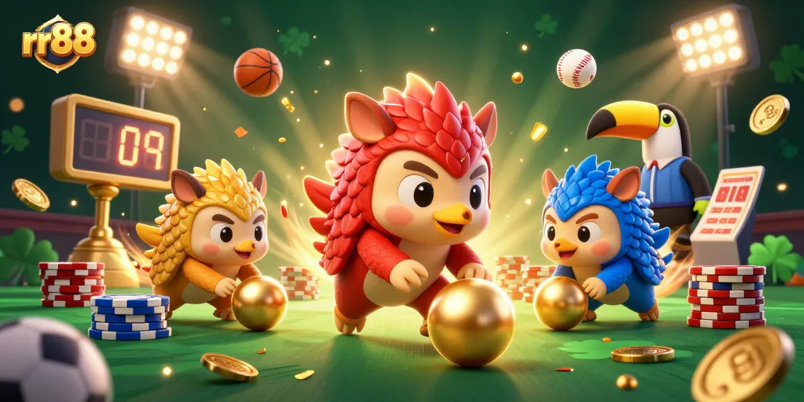 Engage with rr88's exhilarating gaming scene featuring rival pangolins competing with golden balls and poker chips.