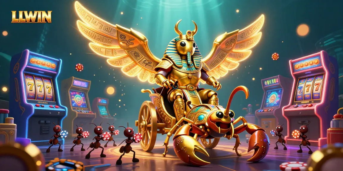 LLWIN engages players with golden scarab beetles and scorpions illustrating a vibrant casino world.