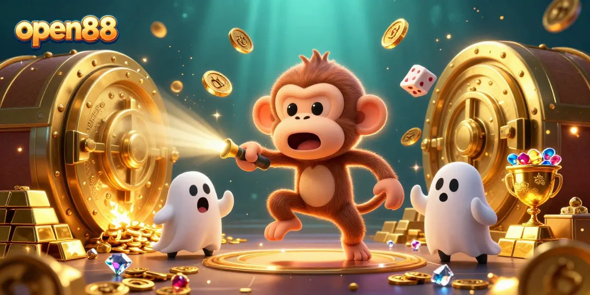 Experience the thrill of open88 in a haunted casino as a playful monkey juggles gold!