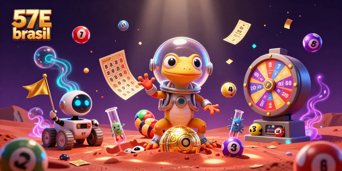 Engage with 57E brasil in a vibrant Martian casino scene, featuring lottery balls and prizes.