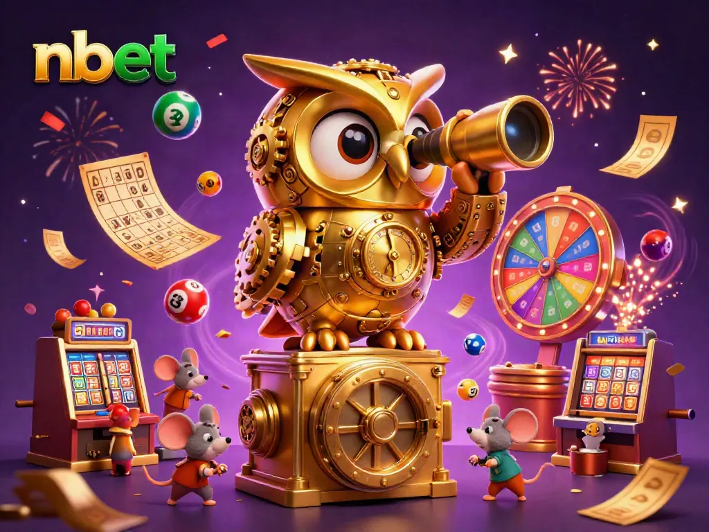 Experience thrilling nbet action with a vibrant illustration of a majestic golden owl in a bustling online casino.