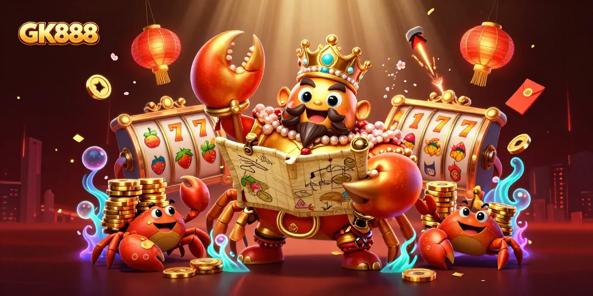 Experience excitement with GK888 featuring a golden crab emperor in a vibrant 3D casino scene.