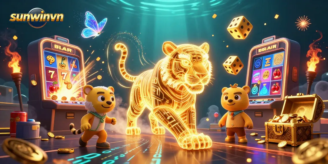 Experience the thrill with sunwinvn in a vibrant digital casino scene featuring a golden tiger.