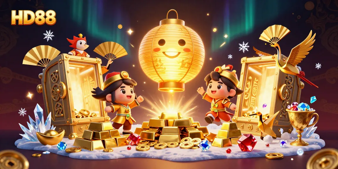 Experience the excitement of HD88 with a vibrant casino-themed digital illustration showcasing rich golden treasures.