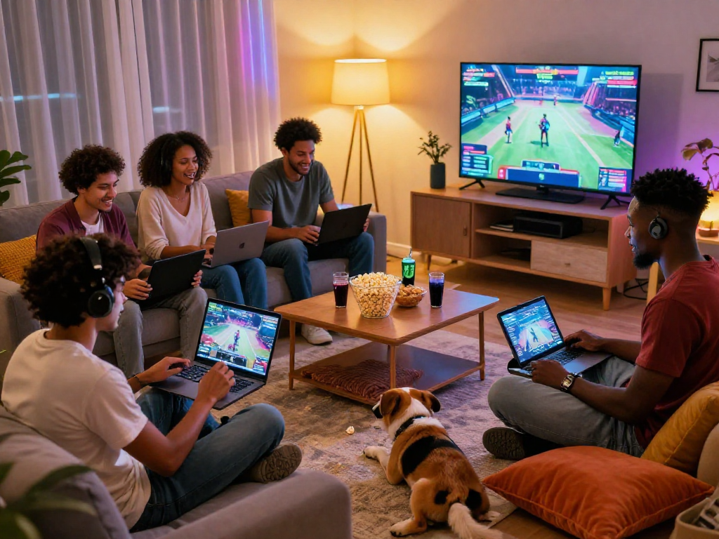 Exciting scene of diverse gamers enjoying porno games in a cozy living room.