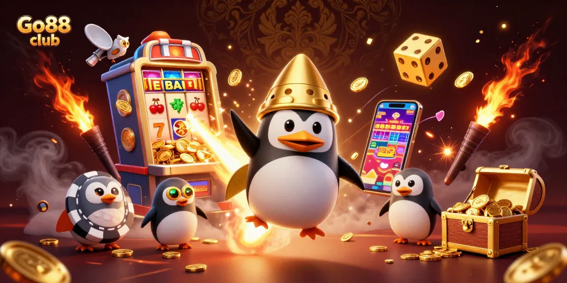 Experience the thrilling Go88 club with 3D penguins and jackpot explosions in a colorful casino scene.