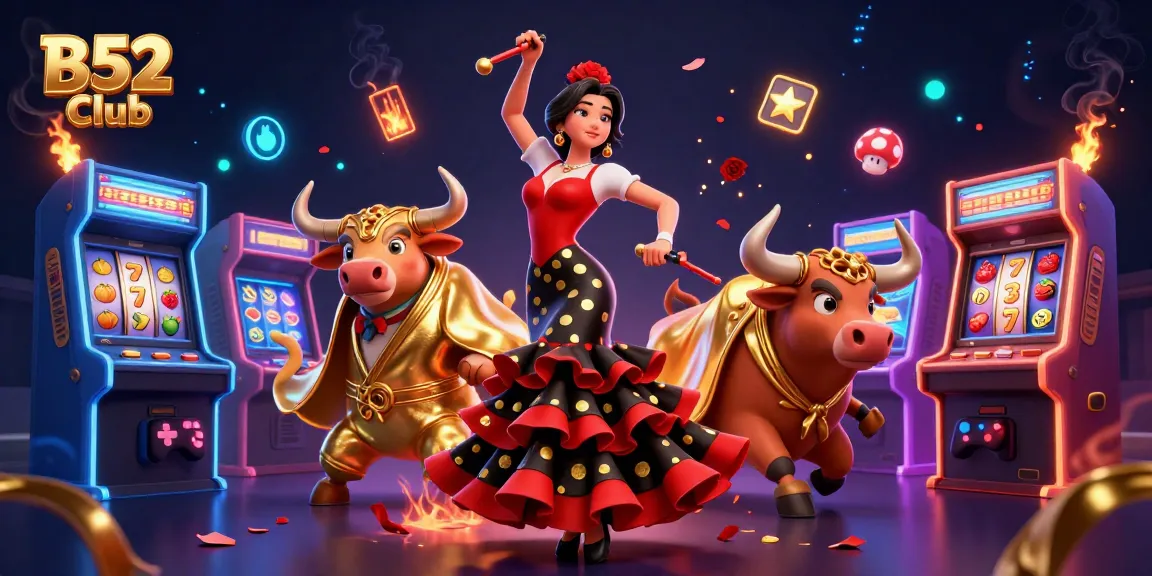 B52 Club showcases an exciting casino atmosphere with a flamenco dancer and a fighting bull amid vibrant game elements.