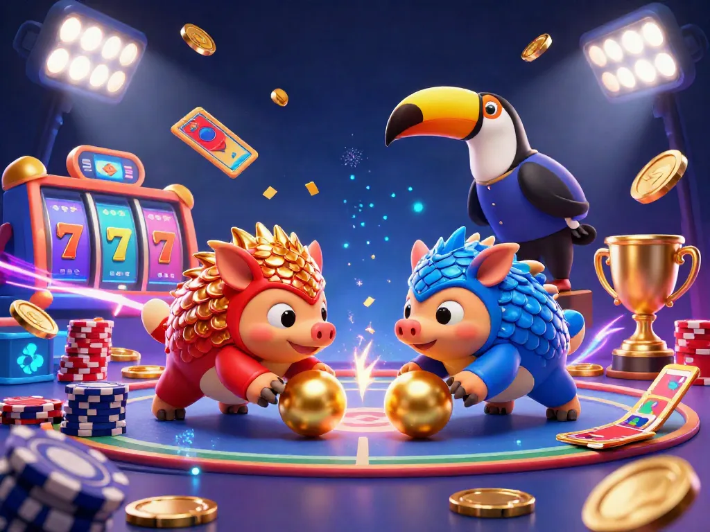 Experience thrilling slot resmi gameplay as rival pangolins compete in an exciting casino scene.