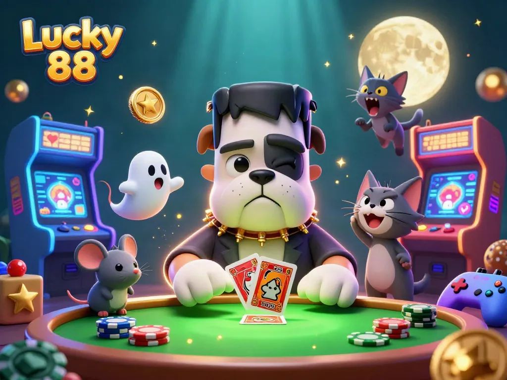 Experience the thrilling Lucky 88 action with vibrant casino illustrations featuring unique characters.