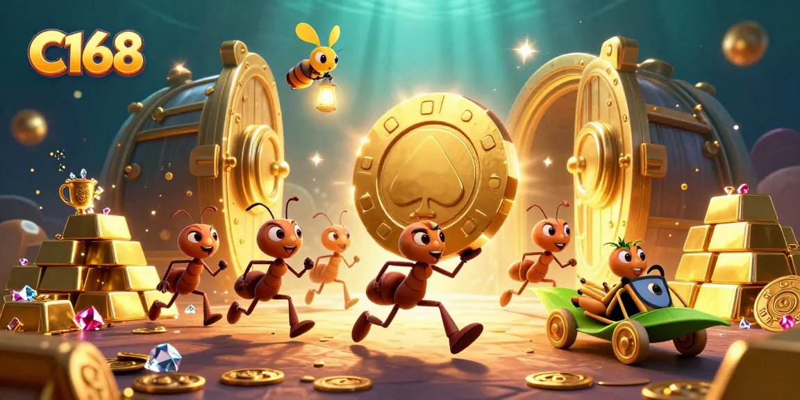 C168 captures a thrilling heist scene with ants carrying a massive golden poker chip amidst treasures