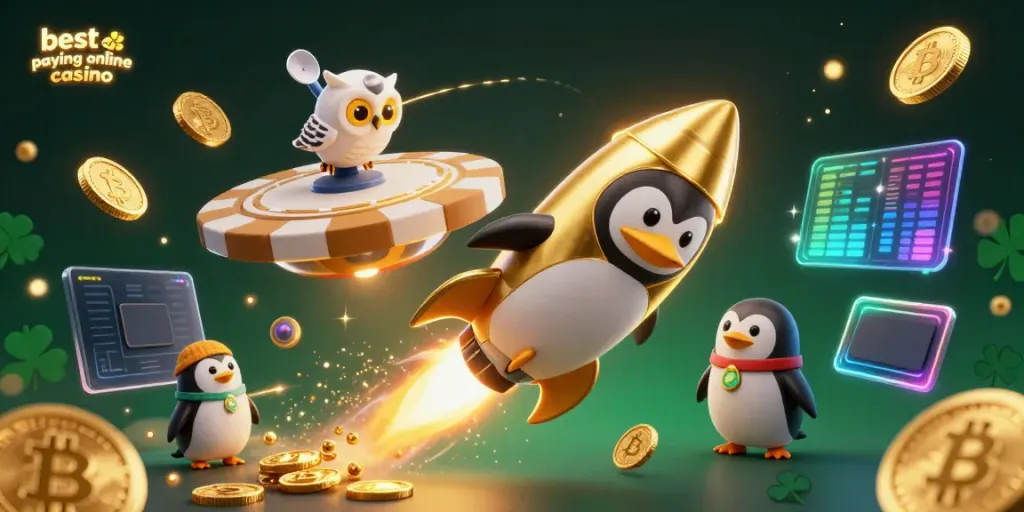 Engage with the best paying online casino as a golden penguin flies toward a vibrant space station.