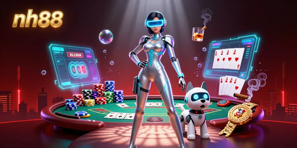 Engage with the vibrant nh88 casino scene featuring a woman and robot dog amidst colorful poker elements.