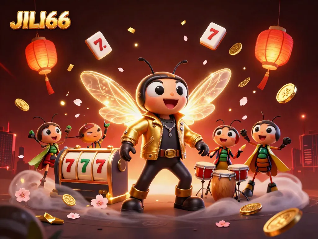 Engage with the dynamic world of JILI66, featuring vibrant characters and rich casino elements in a 3D illustration.