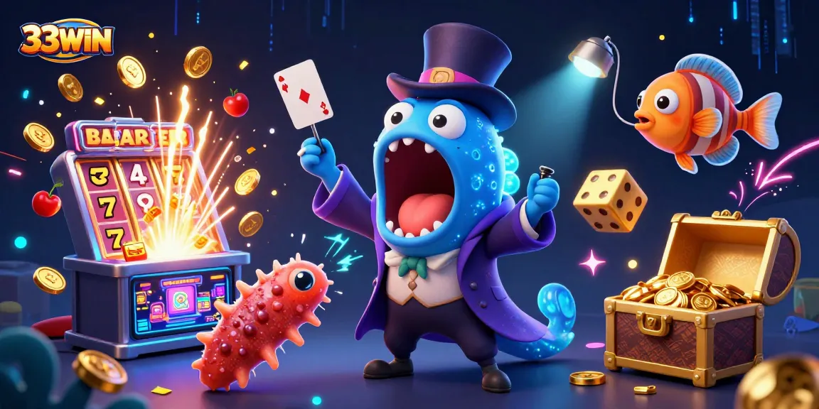 Experience thrilling gaming adventures with 33WIN, showcasing a magic act in a vibrant casino scene.