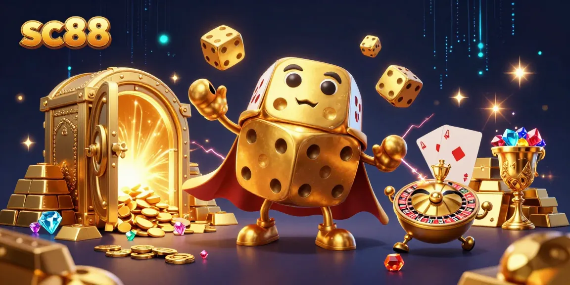 Engage with sc88, featuring a golden dice golem and vibrant casino elements creating an immersive gaming scene.