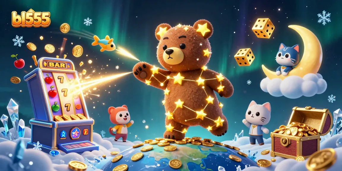 bl555 scores big with a golden bear amidst coins, showcasing vibrant casino action and luck.