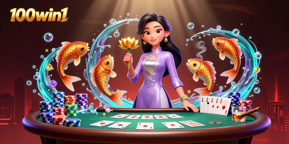 Join the action in 100win1's vibrant casino scene with poker elements and cultural flair.
