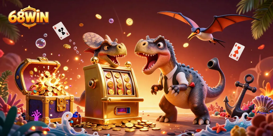 Experience thrilling wins at 68WIN while a dinosaur headbutts a slot machine for a jackpot.