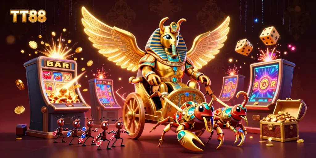 Experience TT88 excitement with a colossal golden scarab beetle and thrilling casino elements.