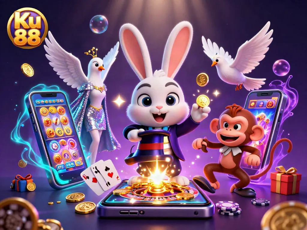 Experience thrilling gaming action at Ku 88 with a magician rabbit, a dove, and a monkey in a lively casino scene.