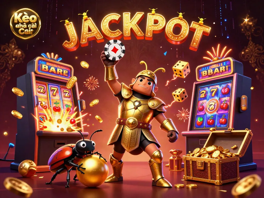 Experience Kèo nhà cái excitement with a victorious beetle lifting a poker chip amidst a jackpot explosion.