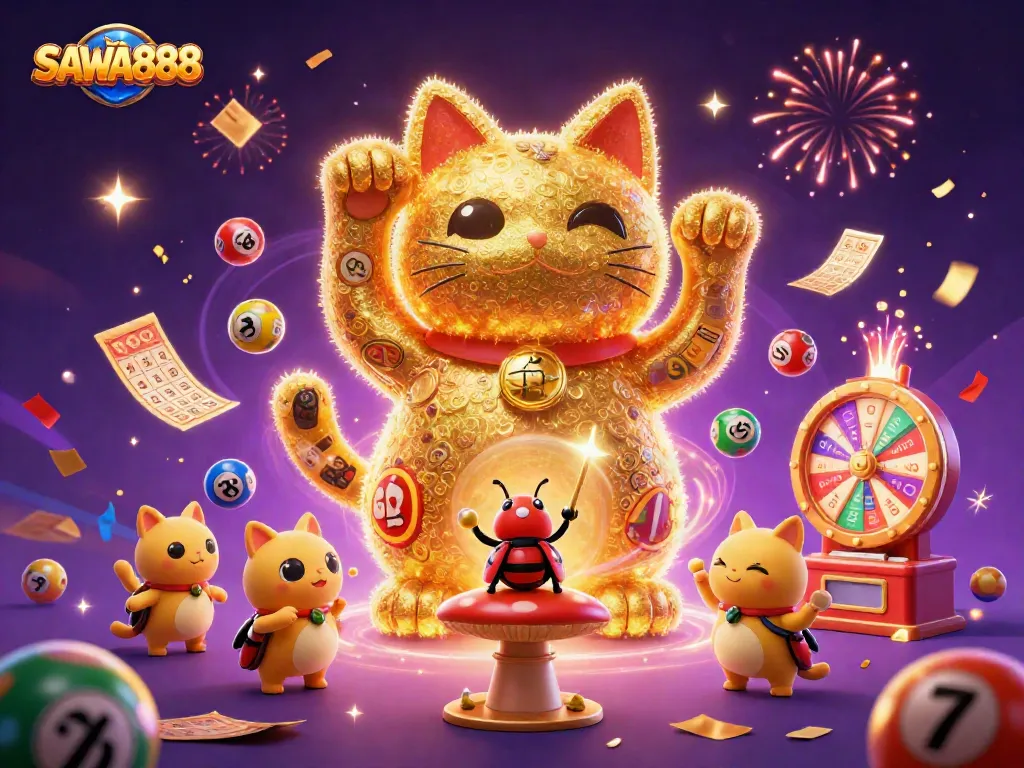 Engage with SAWA888's vibrant casino world of luck featuring a lucky cat and dynamic lottery elements.