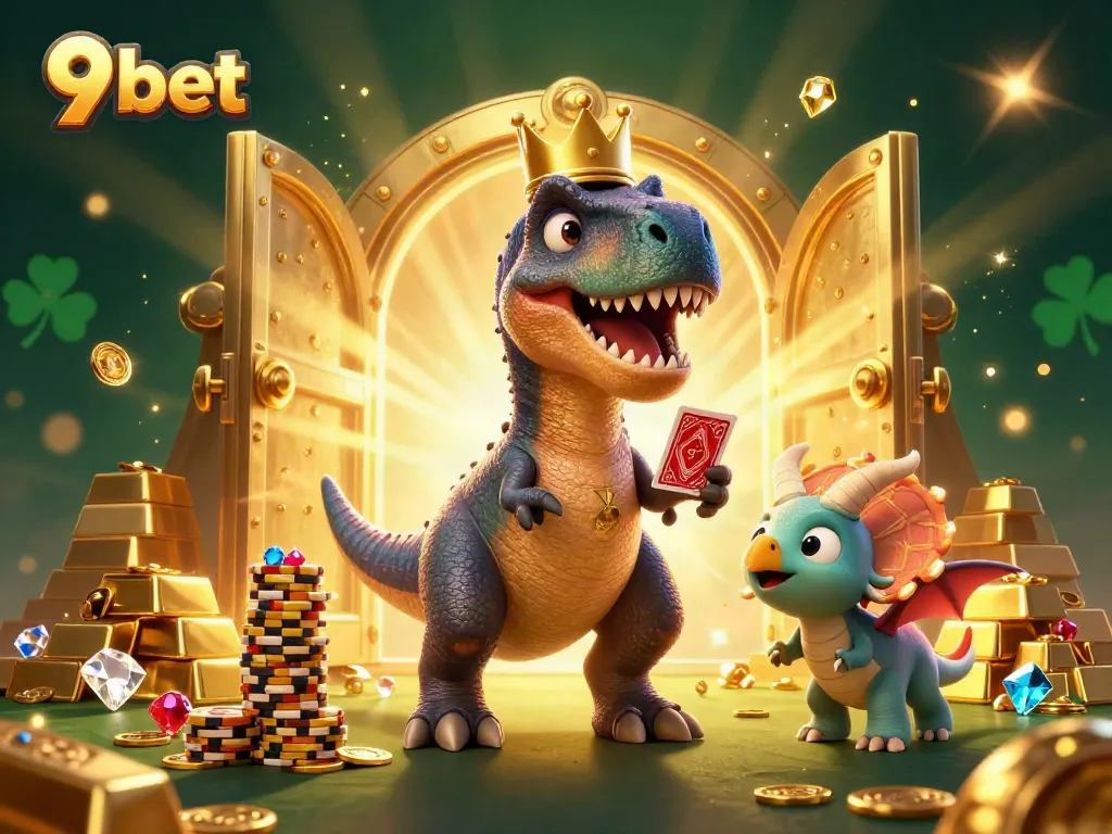 Engage with 9 bet through a vibrant casino scene featuring animated dinosaurs and gold treasures.