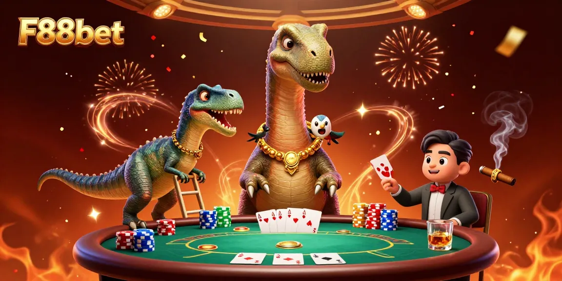 Engage in exciting poker action with F88bet's vibrant 3D casino illustration featuring colorful chips and cards.
