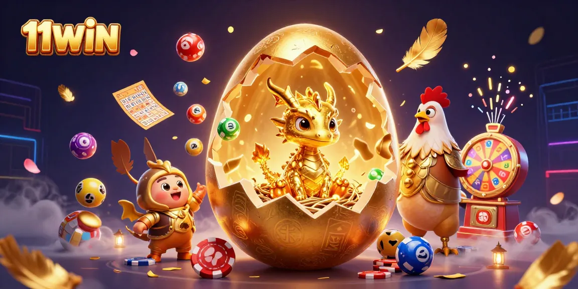 Engage players with 11WIN's vibrant dragon and golden chips illustration amidst dynamic casino elements.