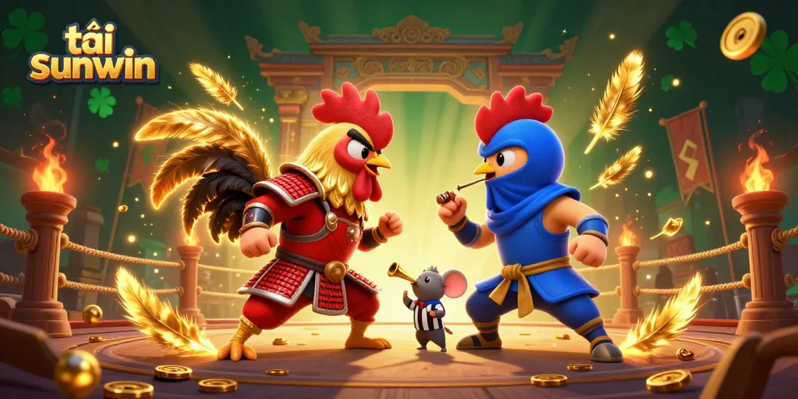 Engaging 3D illustration of roosters in a fighting arena promoting tải sunwin with vibrant casino elements.