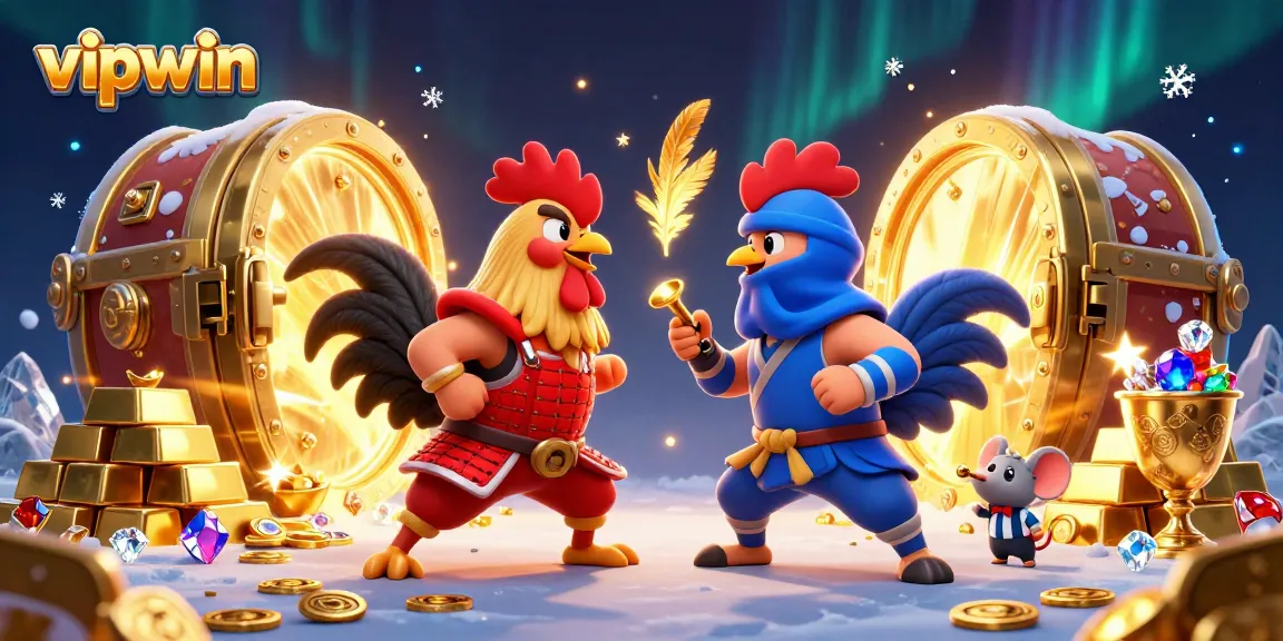 Experience exciting cockfighting action with vipwin's dynamic battling roosters amid dazzling casino treasures.