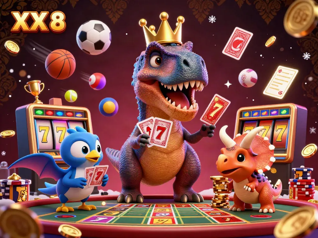 Engaging scene featuring XX 8 with a T-Rex, pterodactyl, and triceratops in a lively casino.