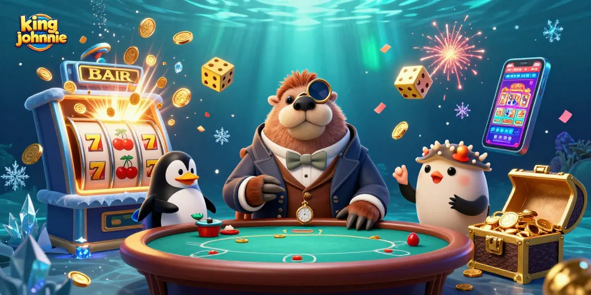 Kingjohnnie's underwater poker scene showcases a walrus, penguin dealer, and pufferfish player.