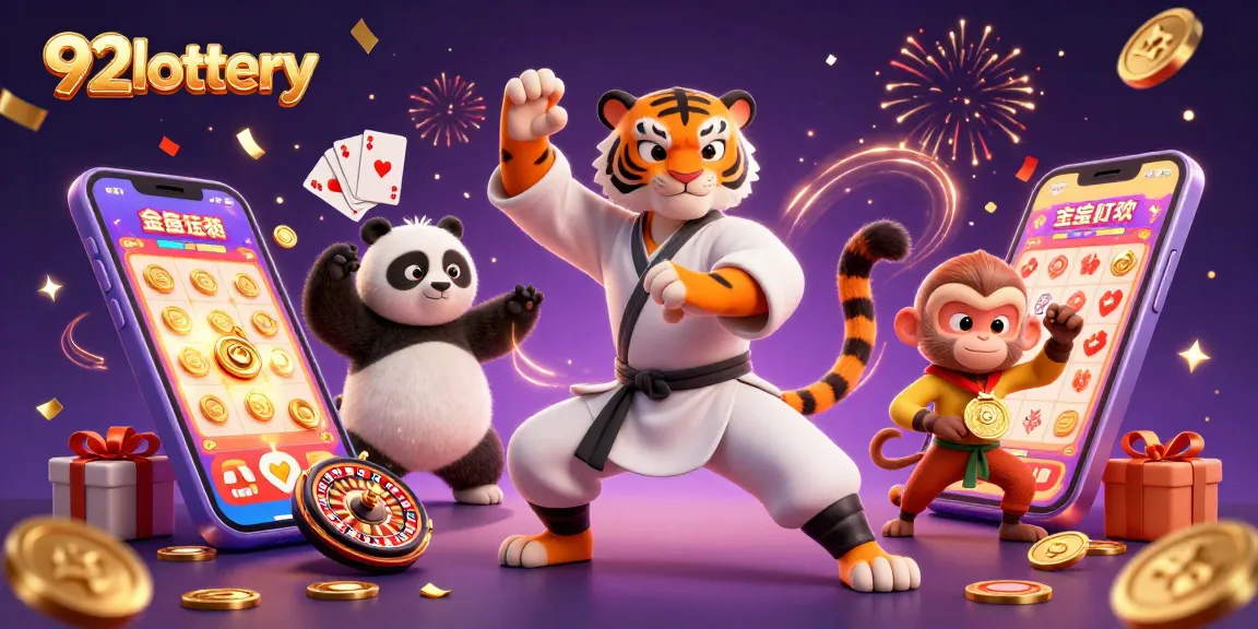 Experience the excitement of 92lottery with a colorful illustration of a kung fu tiger and companions.