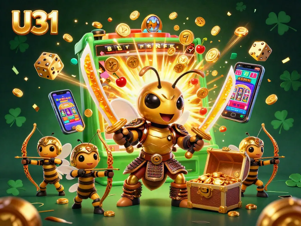 Engage in thrilling gameplay with U31's vibrant casino scene featuring a golden hornet warrior and immersive elements.