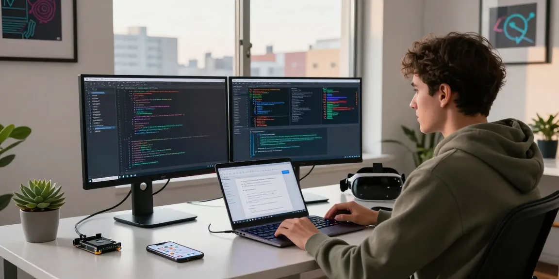 Engaging technology workspace showcasing the best AI tools with screens filled with code, productivity apps, and tech gadgets.