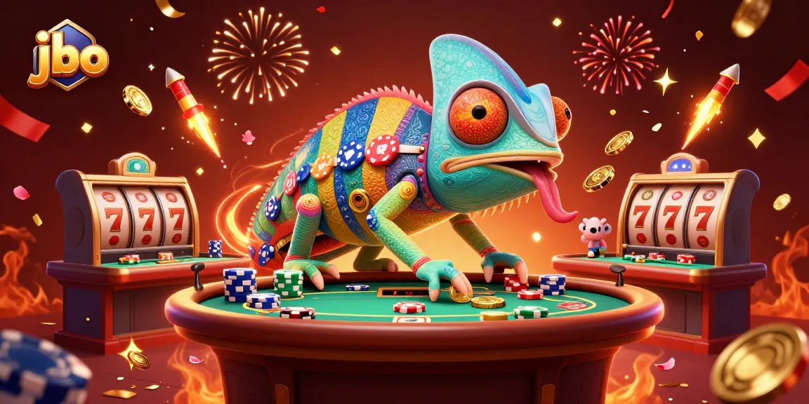 Engage with the vibrant jbo casino scene featuring a chameleon owner among thrilling slot reels and fireworks.