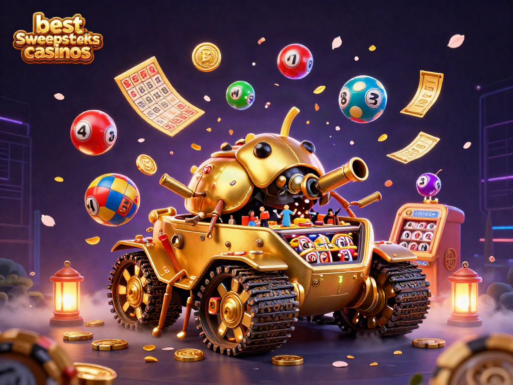 Engage in exciting gaming with the best sweepstakes casinos, featuring a lively casino scene in 3D.